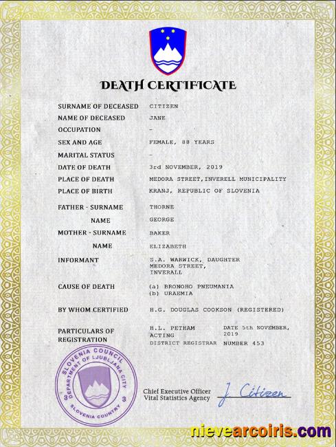 Slovenia death certificate